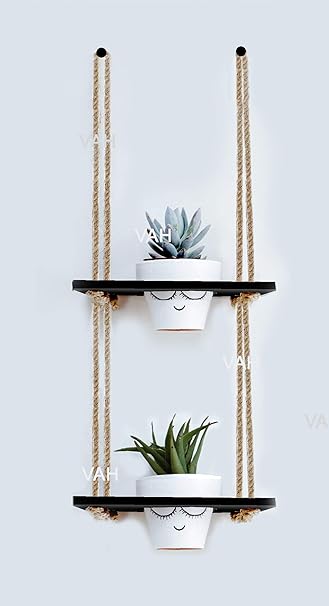 VAH Hanging Planter Shelf Plant Hanger Decorative Flower Pot Rack with Rope Wall Decor and Hanging (2 Tier Pot, Black)