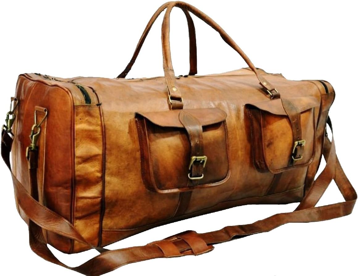 * SBazar * 28" Large Leather Duffel Bag Travel Bag Overnight Weekend Bag Cabin Gym Sports Holdall Bag (Brown)