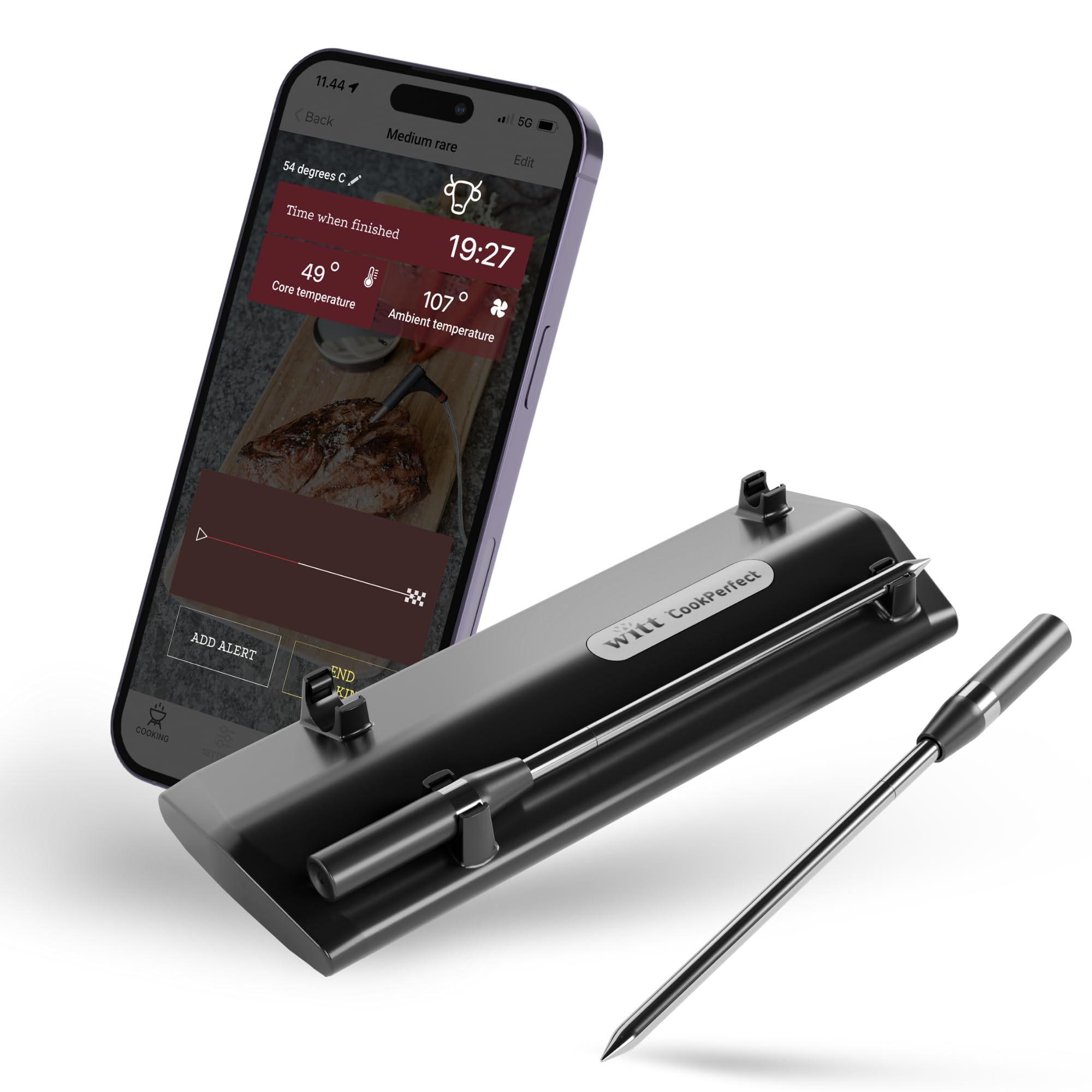 CookPerfect Wireless Dual Meat Thermometer Probe for Indoor & Outdoor Cooking (BBQ, Grill, Oven, Smoker) with 120m Bluetooth Range & 24-Hour Battery Life, App Connected, WiFi-Enabled, USB Rechargeable