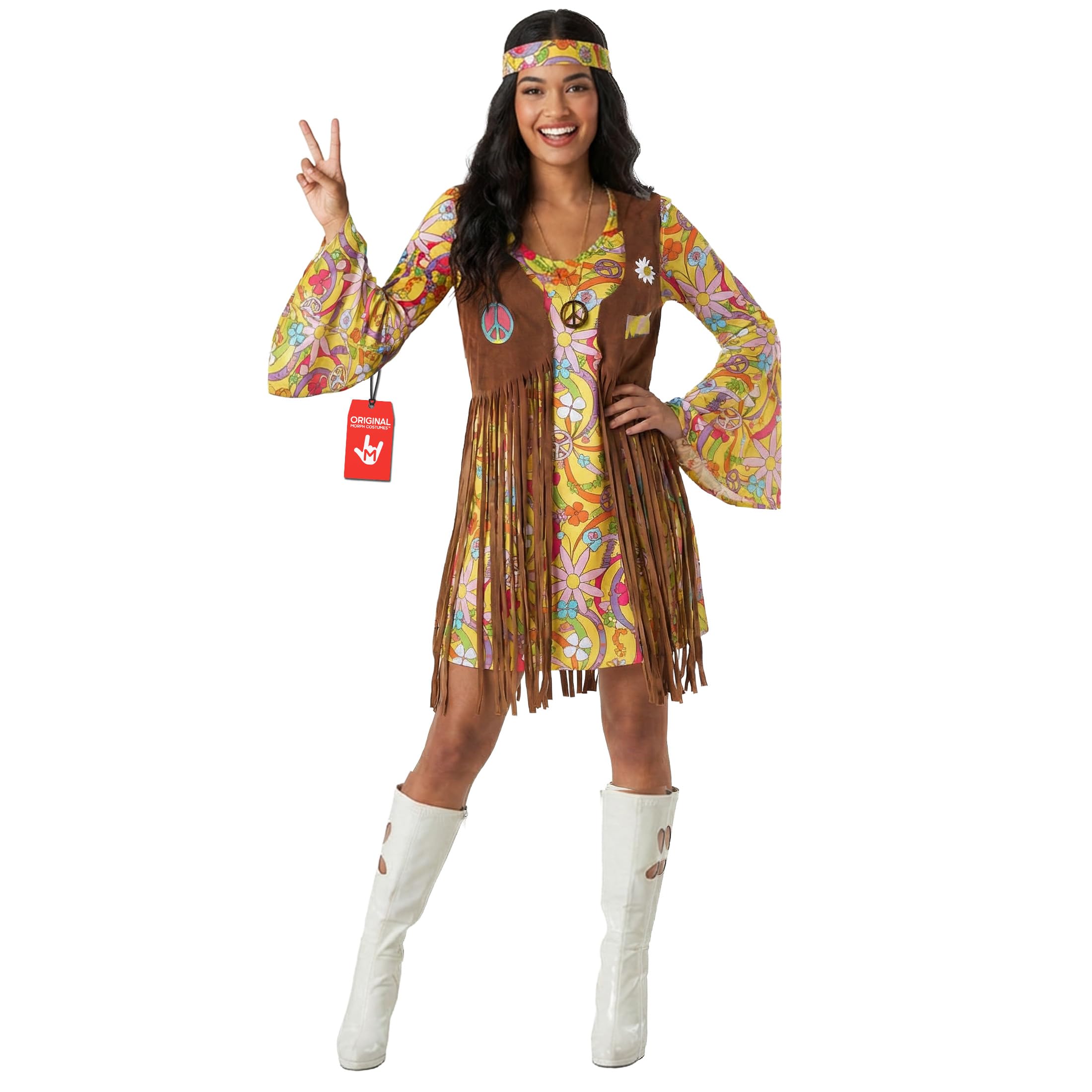 Morph Women's 70s Hippie Costume Yellow Dress With Separate Faux-Suede Vest And Headtie, Adult, Female, Plus Size, Halloween, Carnival