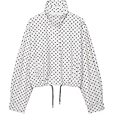 Xunger Women’s Polka Dot Jacket High Neck Long Sleeve Drawstring Hem Casual Trendy Cropped Coat with Pockets