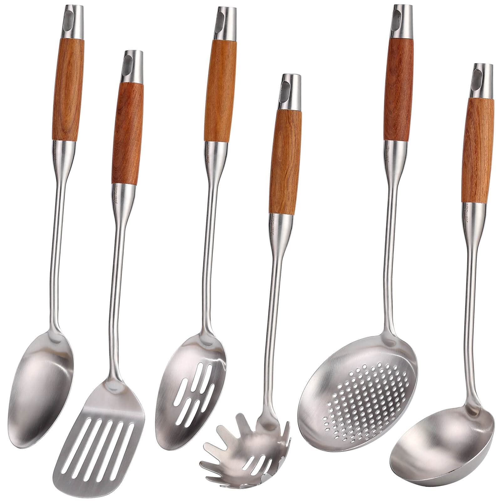 18/10 Stainless Steel Kitchen Utensils Set with Wood Handle - 15” Long Metal Cooking Tools - Serving Solid/Slotted Spoon, Tunner, Skimmer, Soup Ladle, Spaghetti Spoon, Large Spoons Set of 6