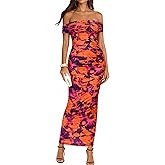 BTFBM Cocktail Dresses for Women 2026 Elegant Classy Off Shoulder Bodycon Mesh Slit Floral Maxi Spring Summer Dress