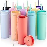STRATA CUPS Multicolor Skinny Tumblers with Lids and Straws (12 pack) - 16oz Double Wall Acrylic Tumbler, Tall Matte Skinny Tumblers, Bulk with Free Straw Cleaner, Reusable Cups