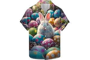 MRMAERE Happy Easter Shirts for Men Funny Letter Print Cute Bunny Easter Eggs Graphic Short Sleeve Button Down Hawaiian Shirt