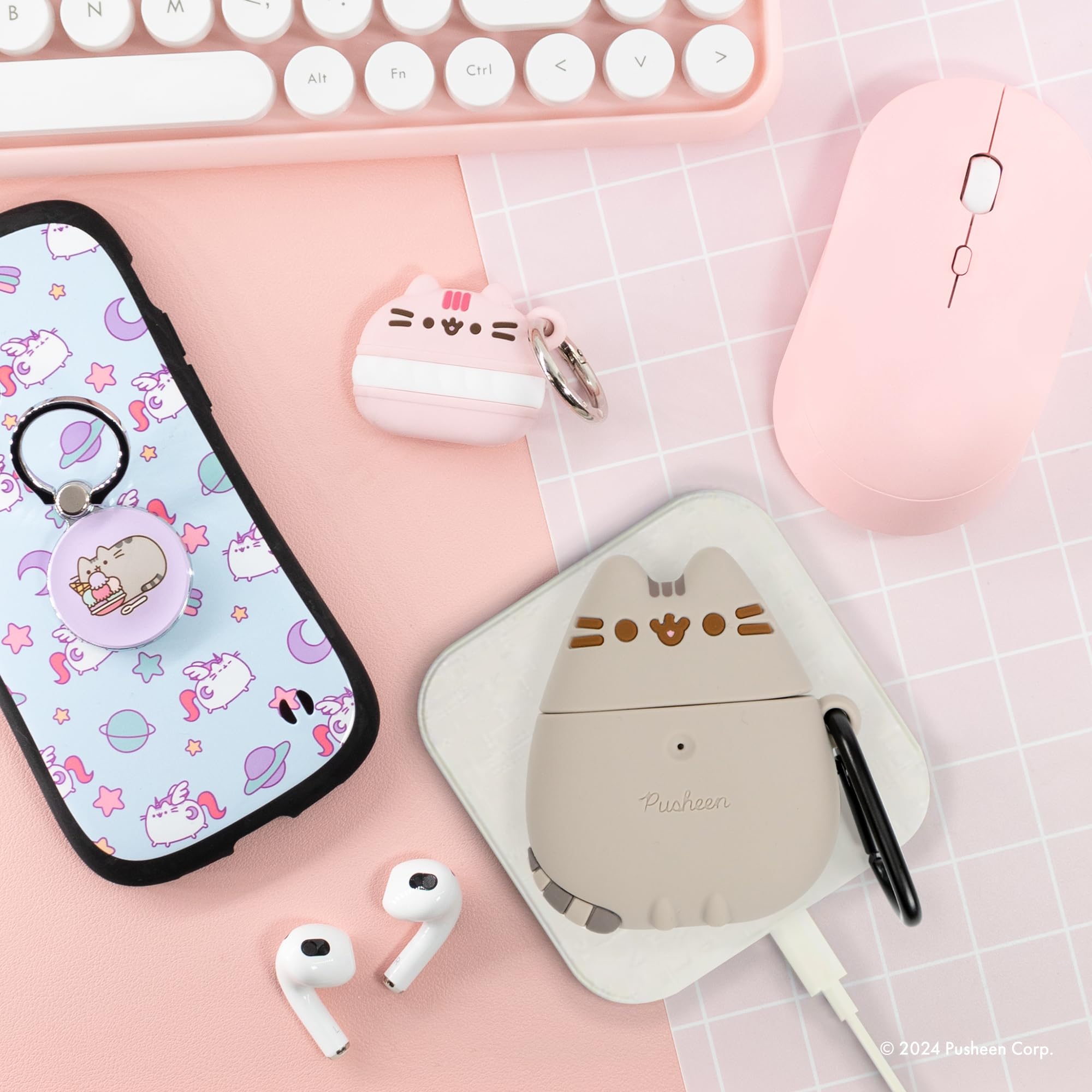 iFace x Pusheen Cute Silicone Protective Cover Designed for AirPods 1/2 Case [Carabiner Clip Included] [Wireless Charging Compatible] - Standing