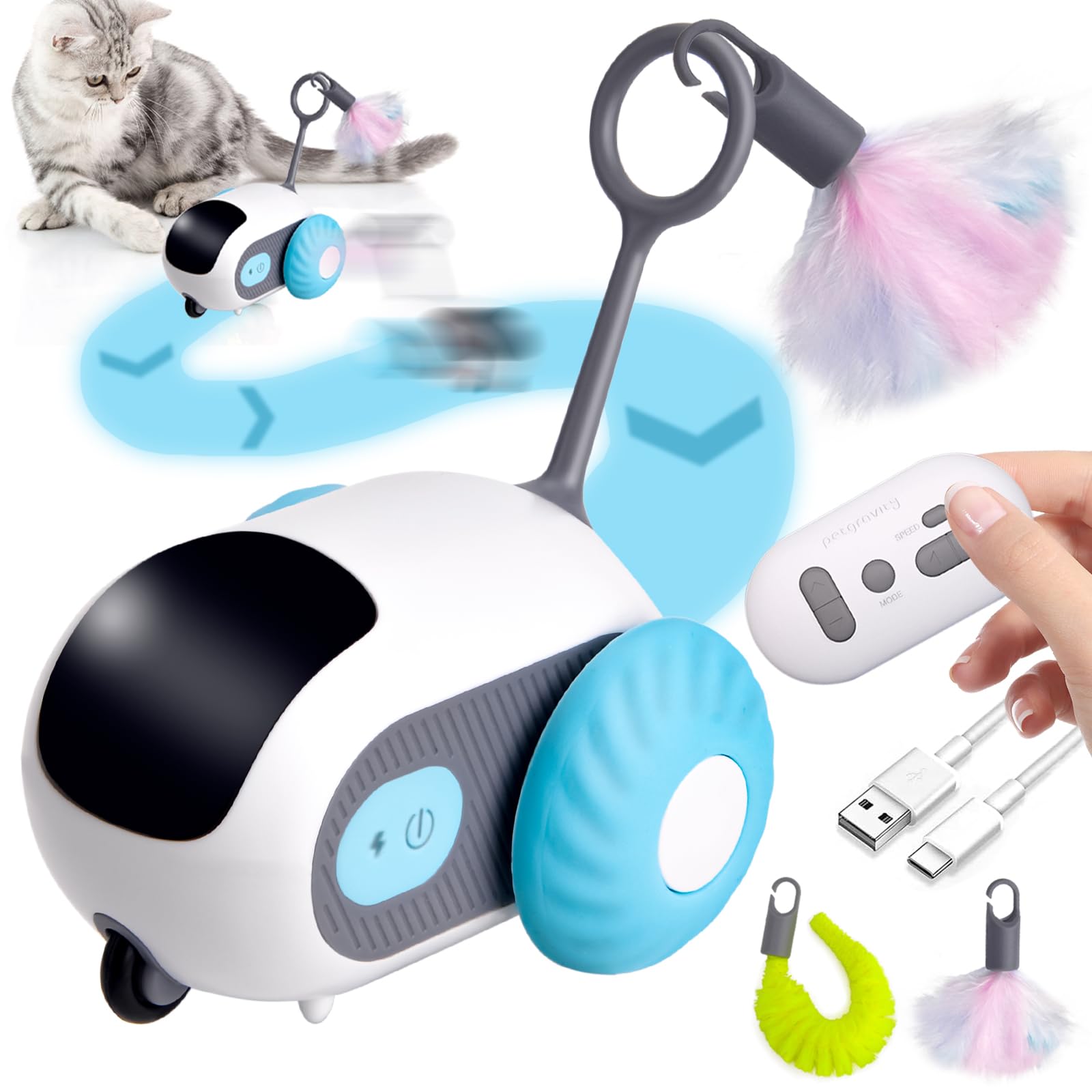 Vibbang Interactive Cat Toy with Remote Control, Turbo Tail 2.0, Smart Car Electric Cat Self-Happiness Toy - Dual Mode, Rechargeable