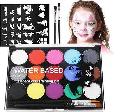 URAQT 15 Color Face Paint Palette with 2 Brushes & 32 Templates