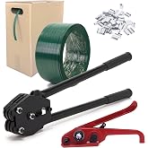 LNYEBN Poly Banding Strapping Kit with 1000ft PET Strap and 100 Buckles | Red ratchet tensioner, long handle sealer, 5/8" green polyester strapping, heavy duty pallet banding, plastic strapping kit
