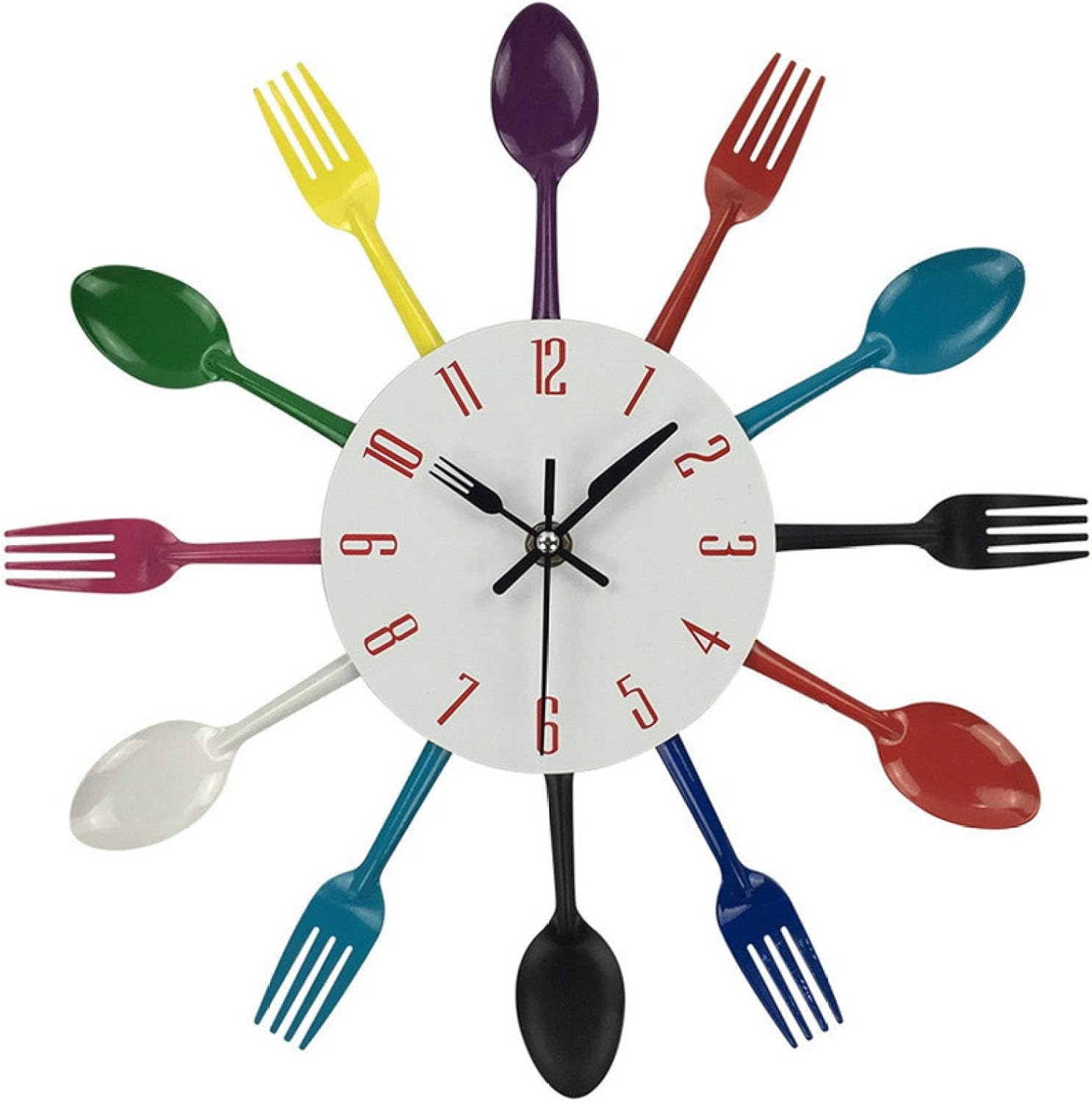 hufeng Wall Clock Multicolor Metal Wall Clock Modern Design Silver Cutlery Kitchen Utensil 3D Spoon Fork Wall Clock for Living Home Decor