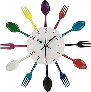 hufeng Wall Clock Multicolor Metal Wall Clock Modern Design Silver Cutlery Kitchen Utensil 3D Spoon Fork Wall Clock for Living Home Decor