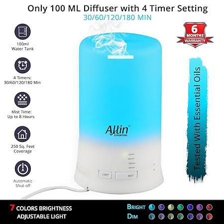Allin Exporters DT-2109 Cool Mist Ultrasonic Humidifier Aroma Diffuser with 4 Timer Setting and 7 Color LED Lights (100 ML Tank Capacity)