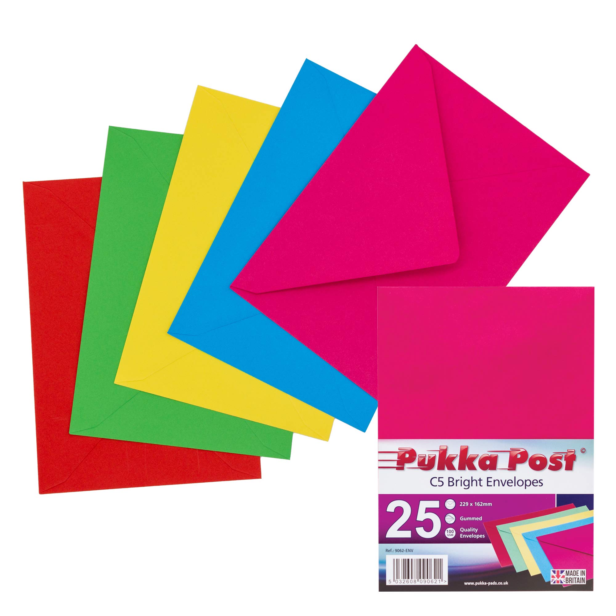 Pukka Pad, Pukka Post & Packaging Gummed Envelopes - Pack of 25, Ready-to-Seal, Durable 100GSM Postal Envelopes for Letters, Invitations, and Other Mail - 229 x 162 mm, Size C5, Brights