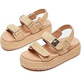 SOVANYOU Raffia Platform Wedge Sandals for Women Comfortable Summer Beach Sandals Open Toe Slingback Platform Sandals with Adjustable Double Buckle