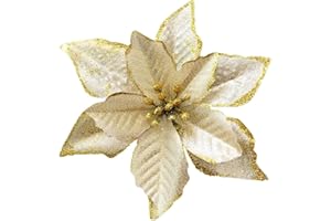 KEPATO Christmas Glitter Poinsettia Christmas Tree Ornaments Pack of 12 (Gold)