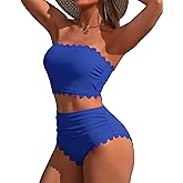 Charmo Strapless High Waisted Bikini Sets for Women Tummy Control Scallop Ribbed Bandeau Swimsuit Lace up Bathing Suits
