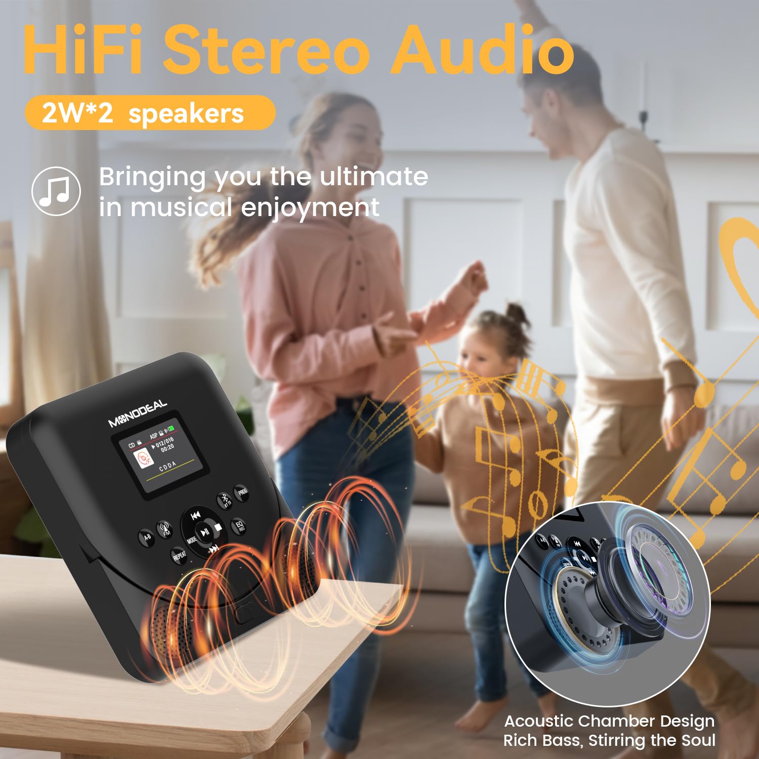 CD Player Portable,MONODEAL Bluetooth CD Player with Speakers and FM Transmitter,Support TF Card,Rechargeable Player for Car/Home with 2.0“ TFT Screen