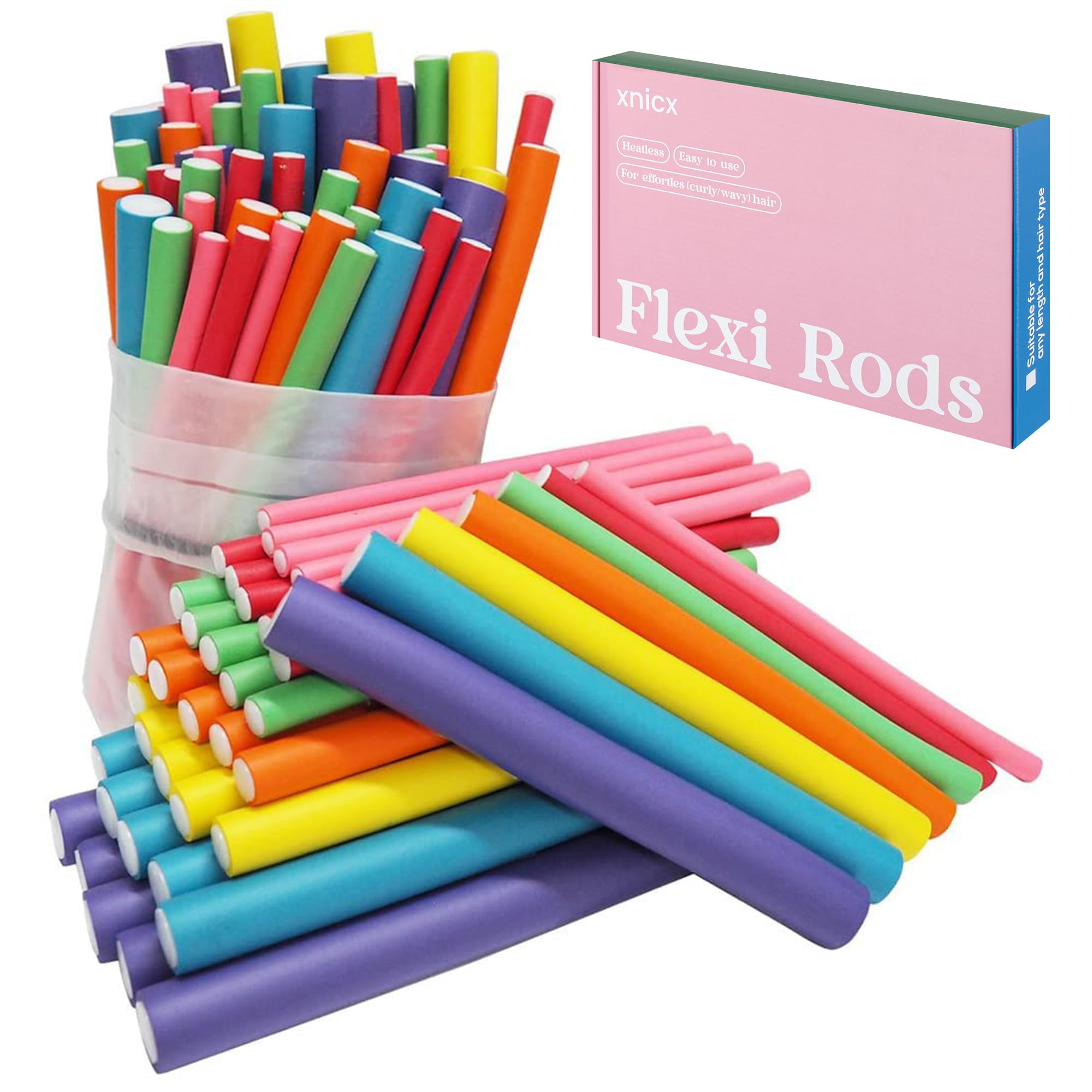 47 pcs 7'' Hair Curlers Rollers Flexi Rods Flexible Curling Rods Set No Heat Heatless Bendy Foam Hair Curls for Long,Medium,Short Hair to Sleep in