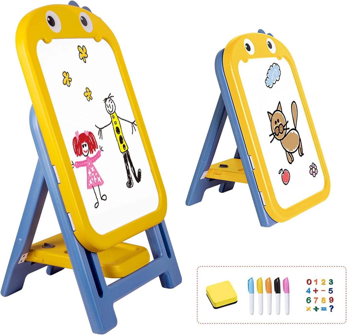 mloong Instant Kids Easel, Height Adjustable Art Easel, Magnetic Dry Erase Board with 16 pcs Number Magnets, Standing Drawing Whiteboard with 8 pcs Watercolor Pen for Toddlers (Yellow): Home & Kitchen