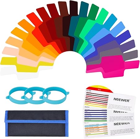 Amazon Neewer 枚 カメラフラッシュゲル照明フィルター 透明色補正フィルターキット 取り付けバンド 3本 と収納ポーチ付き 写真 スタジオ フラッシュ用 フィルターセット 通販