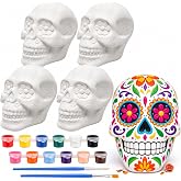 Thenshop 4 Pack 4'' Halloween Skull Ceramic to Paint Crafts for Kids Adults | DIY Day of The Dead Sugar Skull Painting Kit, with 12 Paints 2 Brushes,Make Your Own 3D Skeleton for Día De Los Muertos Party