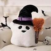 Phantoscope Happy Halloween Shaped Throw Pillow, Ghost Pillow with Witch Hat, Hippie Halloween Ghost Pillow, Faux Rabbit Fur Spooky Shaped Pillows for Couch, White, 19 x 16.5 in