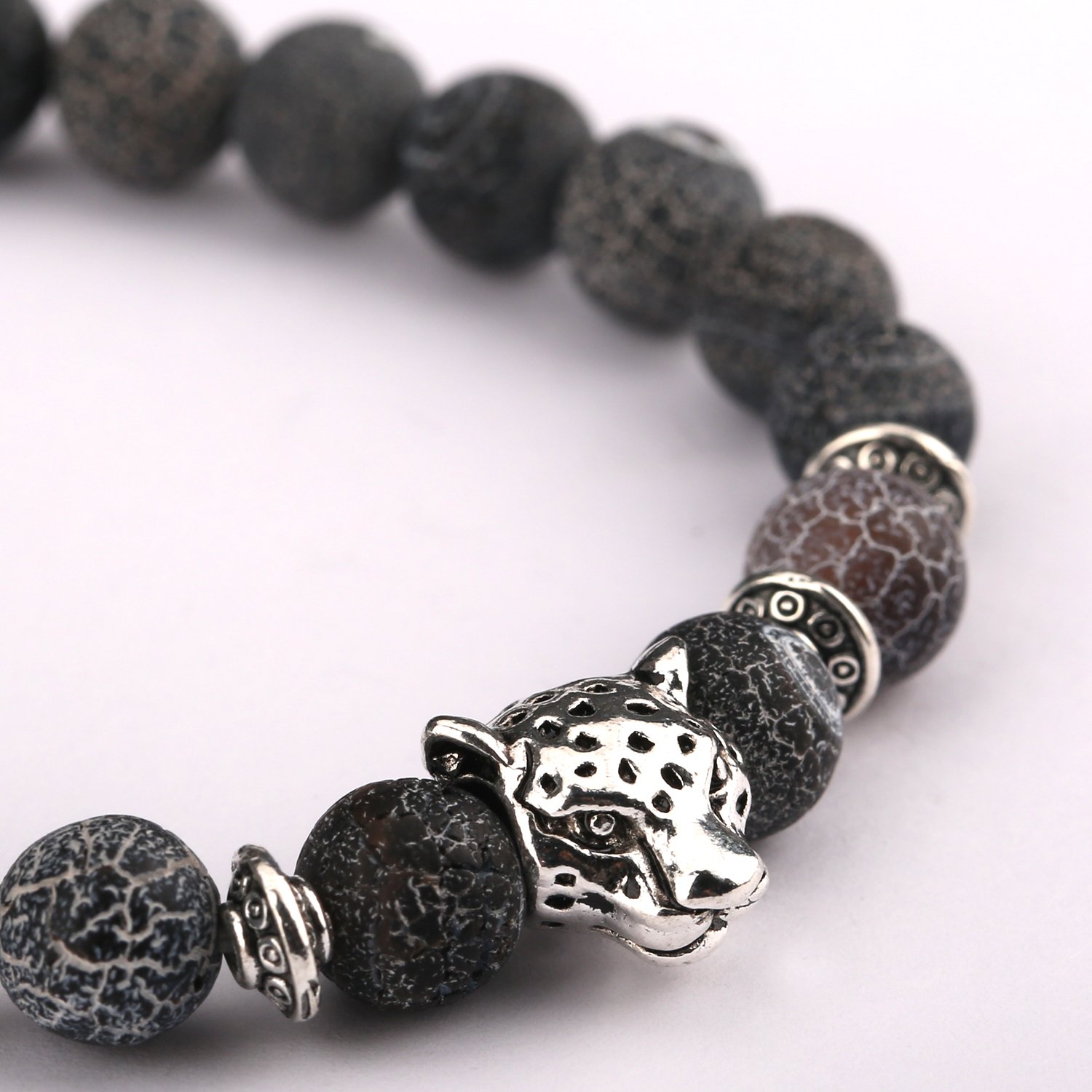 Bead Bracelets,UHIBROS Unisex Natural Tiger Eyes, Black Matte, Weathering Agate Beads Stretch Bracelets With Leopard Head Gold,Silver