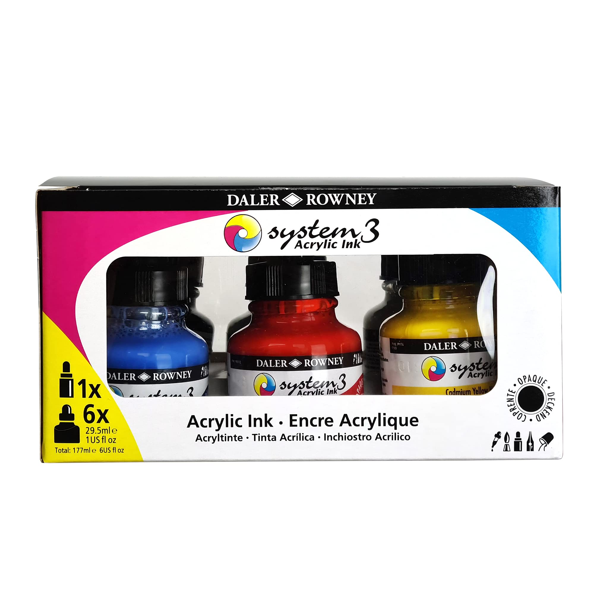 Daler-Rowney System3 Acrylic Ink Set, 6 x 29.5ml Bottles & 1 FW Mixed Media Marker, Assorted Colours, For Professional Artists & Students