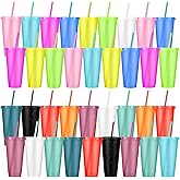 LEIFEOSH 36 Pcs Plastic Tumblers with Lids and Straws, Reusable Colorful Plastic Cups for Parties, Birthdays, Iced Coffee, Travel, Cold Drink Bulk Tumblers (24 oz)