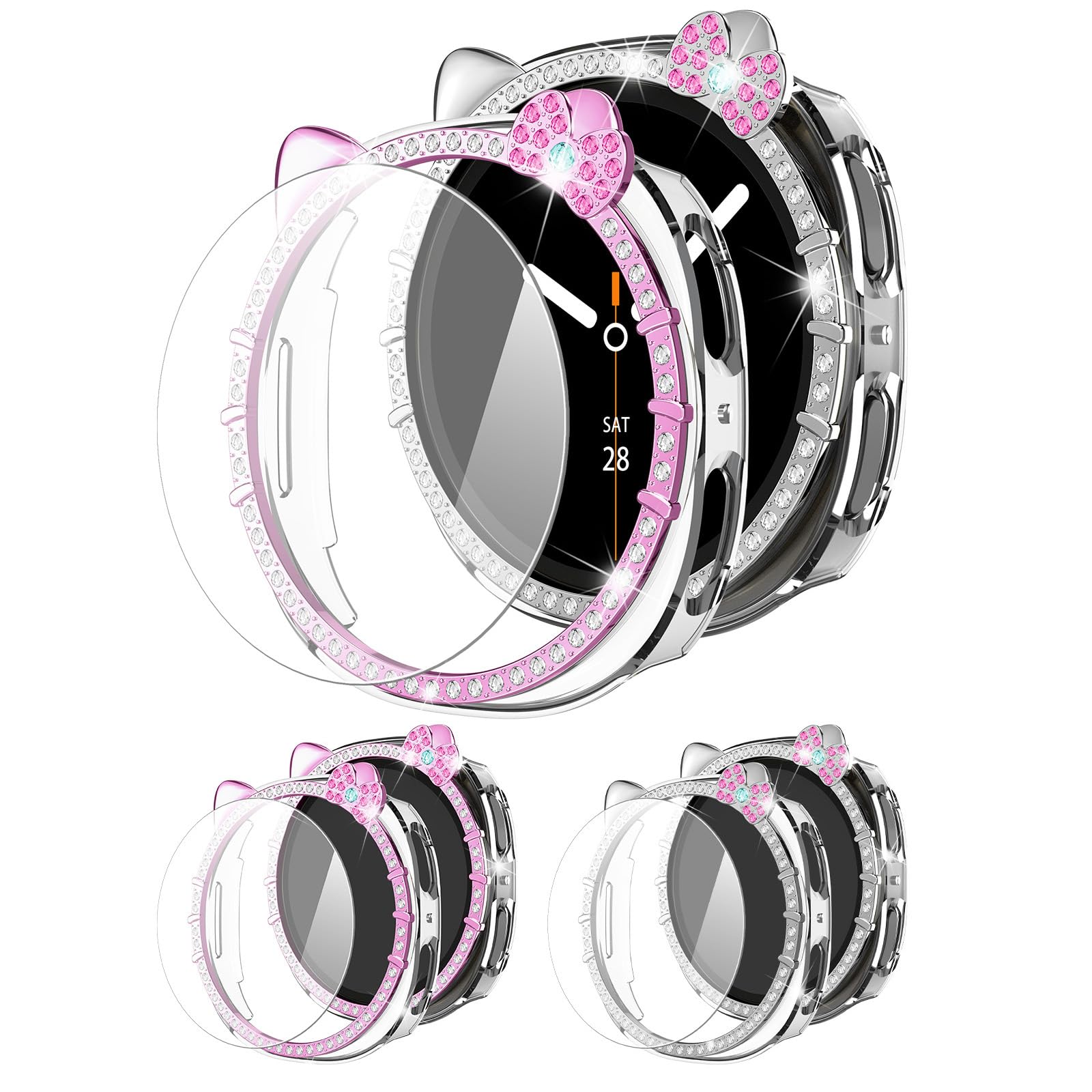 Photo 1 of [2+2Pack Bling Diamond Case for Samsung Galaxy Watch 8 Screen Protector 40mm Cute Cat Women, Glitter Rhinestone Protective Hard PC Bumper Covers for Galaxy Watch 8 Case 40mm Cover Accessories