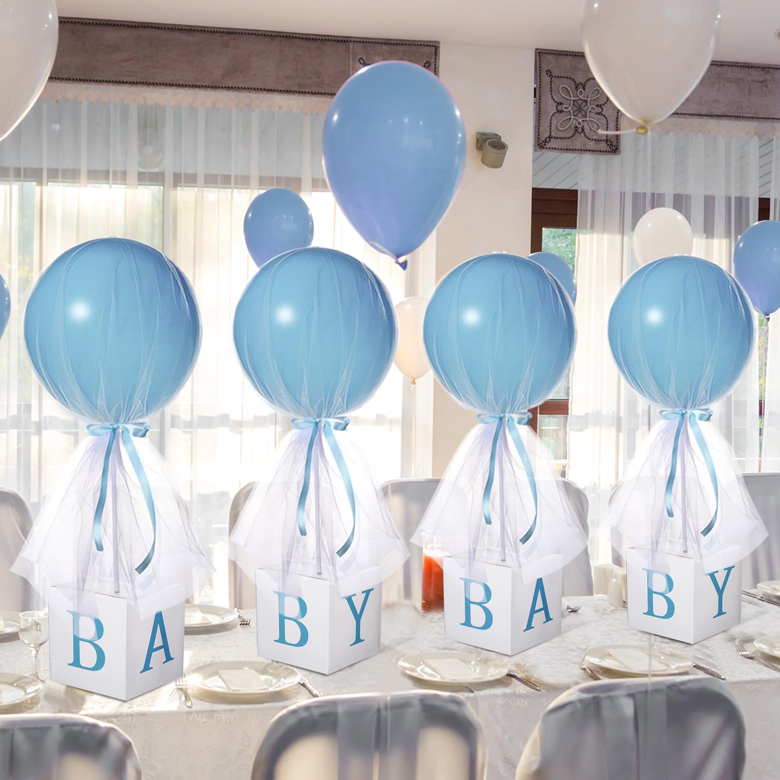 Photo 1 of 4 Set Blue Boy Tulle Tutu Balloon with Letter Boxes Baby Shower Table Centerpieces Decor for Gender Reveal 24'' Balloons White Tulle Cover with Stand, Boxes for Girl Boy Wedding Birthday Party