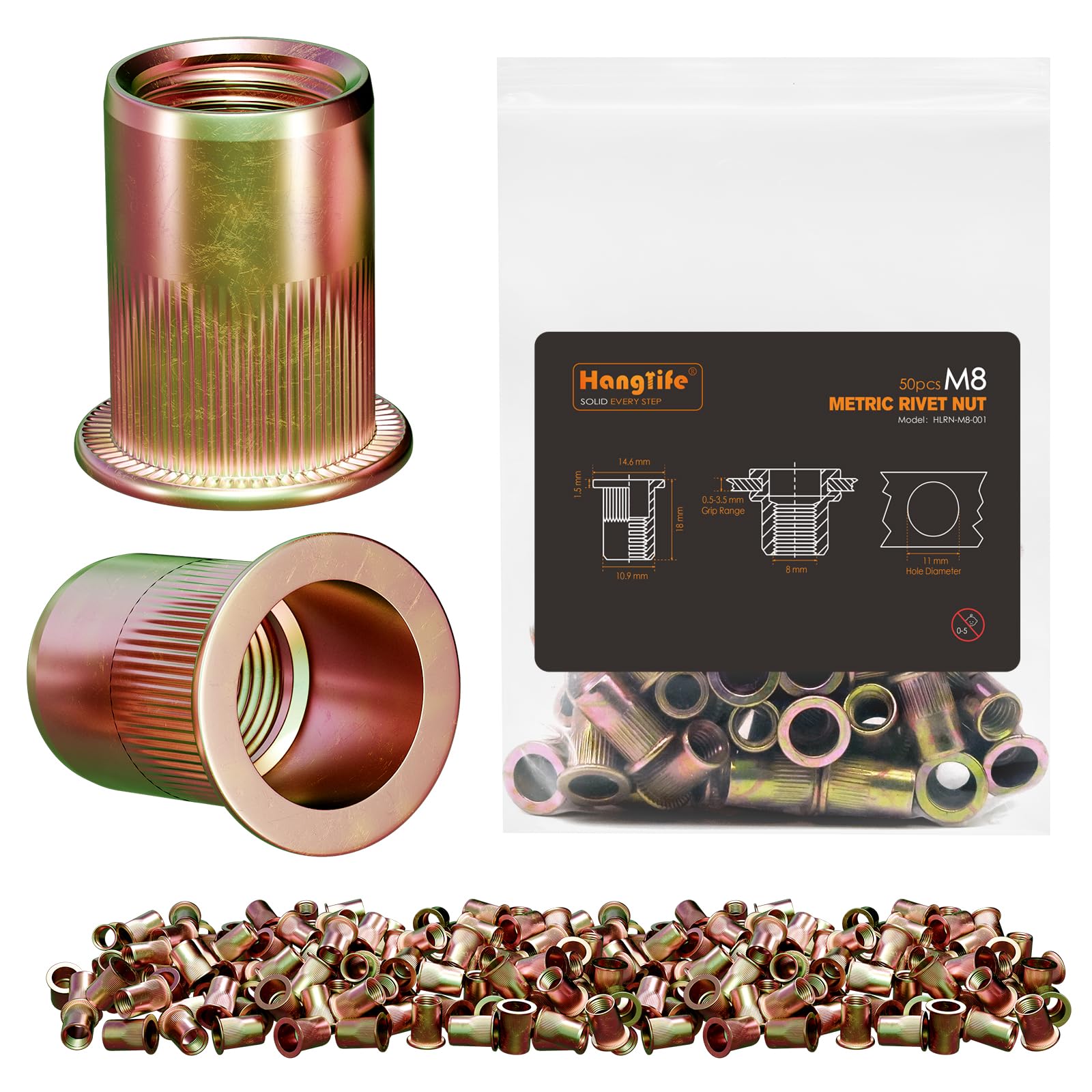 HANGLIFE Rivet Nut, M8 Metric Rivnut - Flat Head Nutserts, Zinc Plated Carbon Steel Knurled Body Threaded Insert Nuts, 50 Pieces