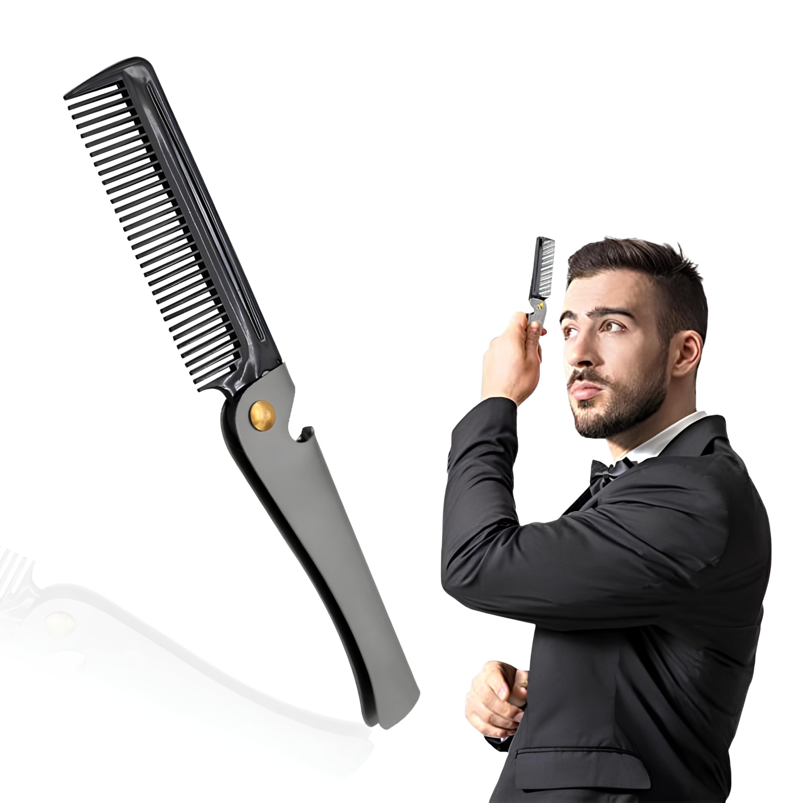 Folding Stainless Steel Round Teeth Beard Comb - Pocket Moustache Shaping Comb for Household Barber Salon (2#)