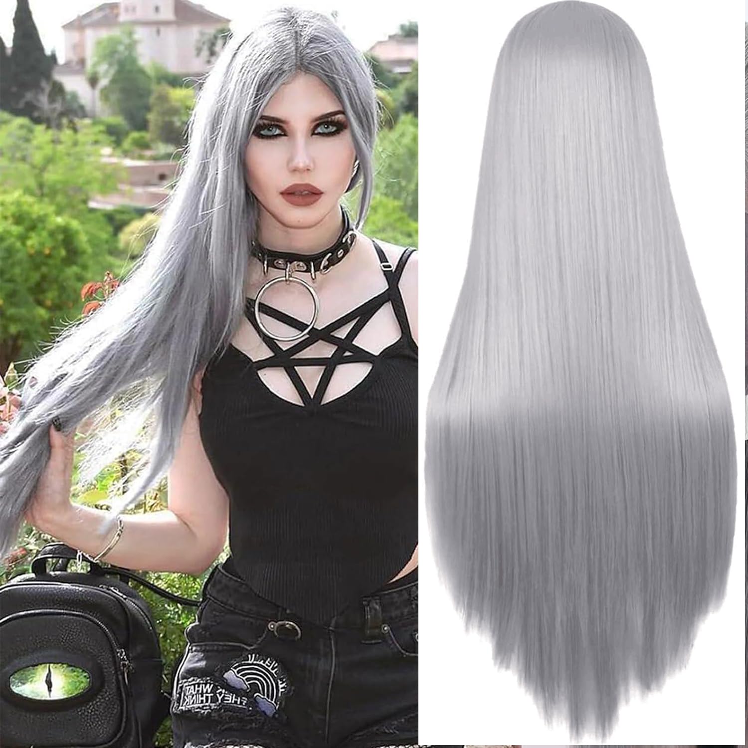 Colorfulpanda Long Grey Silver Wigs for Women Silky Straight Synthetic Hair Wig Middle Part for Party Cosplay Halloween Anime (Gray) 32inch 80cm — image 1