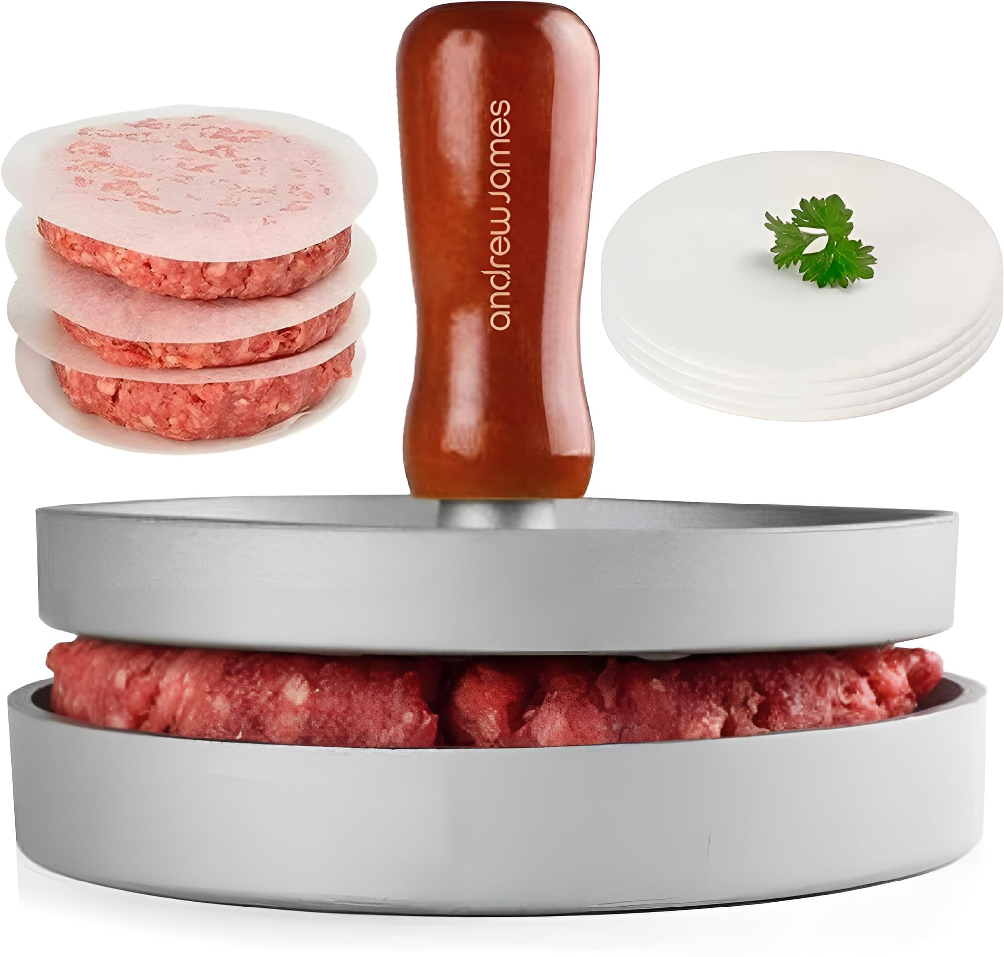 Andrew James Quarter Pounder Hamburger Maker | Cast Aluminium Burger Press and Meat Tenderiser with Wooden Handle | Includes 100 Wax Paper Discs