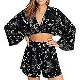 CORAMOON 2 Piece Sets for Women Casual Outfit Boho Womens Matching Lounge Set Long Sleeve Crop Top and Wide Leg Shorts
