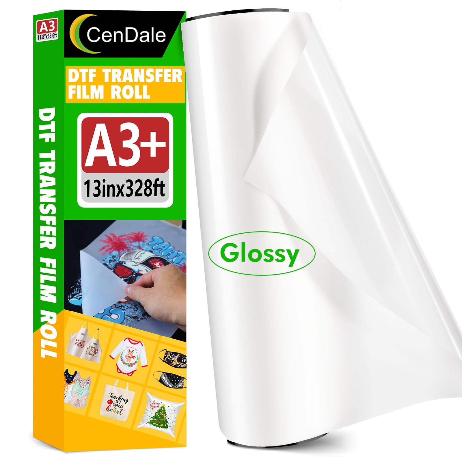 Photo 1 of CenDale DTF Film Roll 13 inch x 328ft Glossy - A3+ DTF Transfer Film Roll, Hot & Cold Peel DTF Roll Film 13 inch, Single-Sided Clear DTF Paper Roll for Dark & Light T-Shirts (13" x 100M, Glossy)