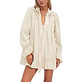 Burtell Long Sleeve Babydoll Dresses Women Fall V Neck Lace Trim Mini Dress Flowy Puff Sleeve Tie Front A-Line Tunic Dress