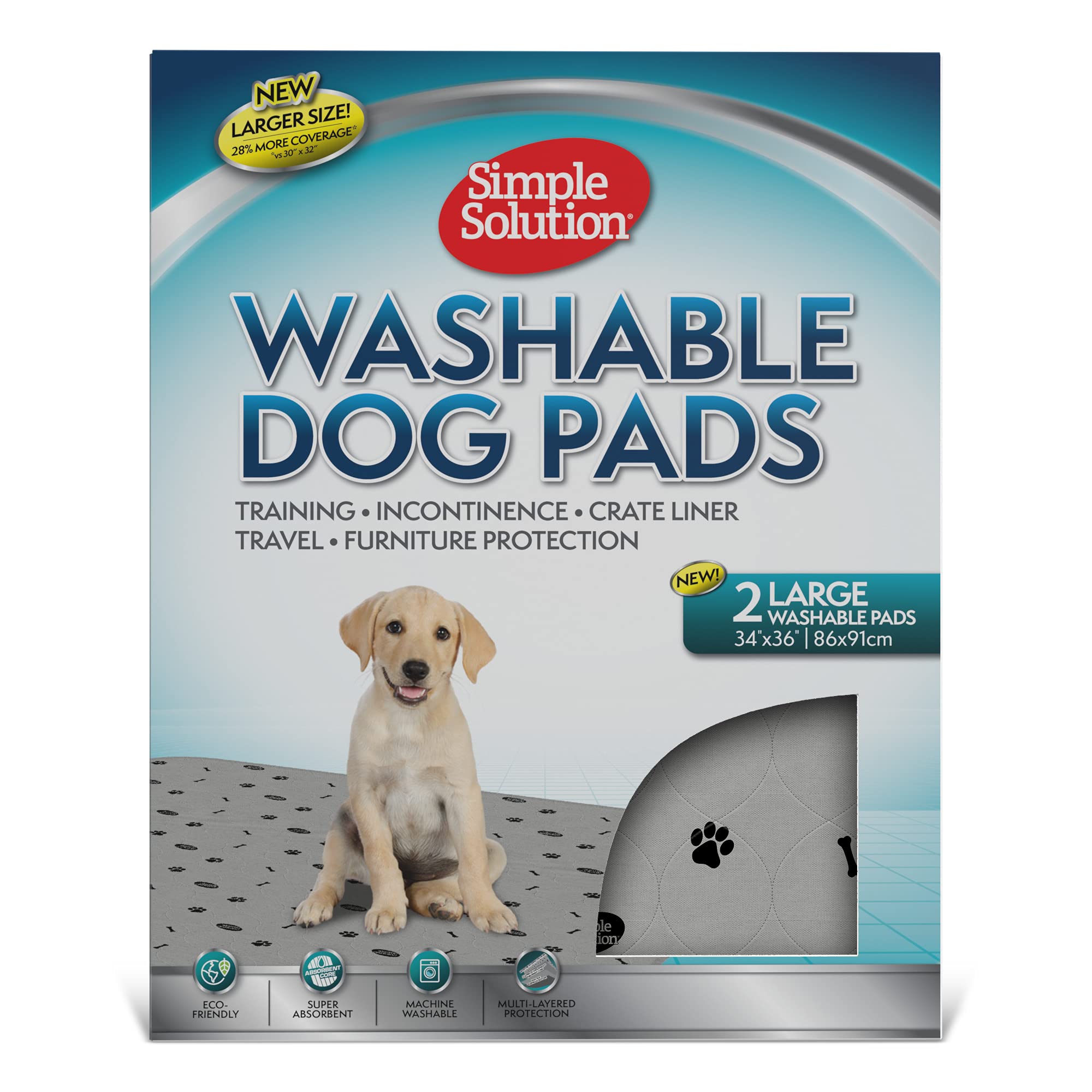 Simple Solution Washable Training and Travel Dog Pads, Re-usable Dog Pee Pad, Absorbent and Odour Controlling, Large Pack of 2 Grey