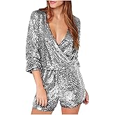 Firzero Women Sequin Romper 1 Piece Shiny Wrap Deep V Neck Shorts Jumpsuit Casual Long Sleeve Dance Outfits
