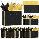Epoesch 12 Pack Metallic Paper Gift Bags with Handles – Includes 24 Tissue Paper – 11.8"x10"x4" – Elegant 5 Senses Gift Bags for Wedding, Bridesmaids, Groomsmen, Guests, Valentine's Day, Easter (Black Gold)