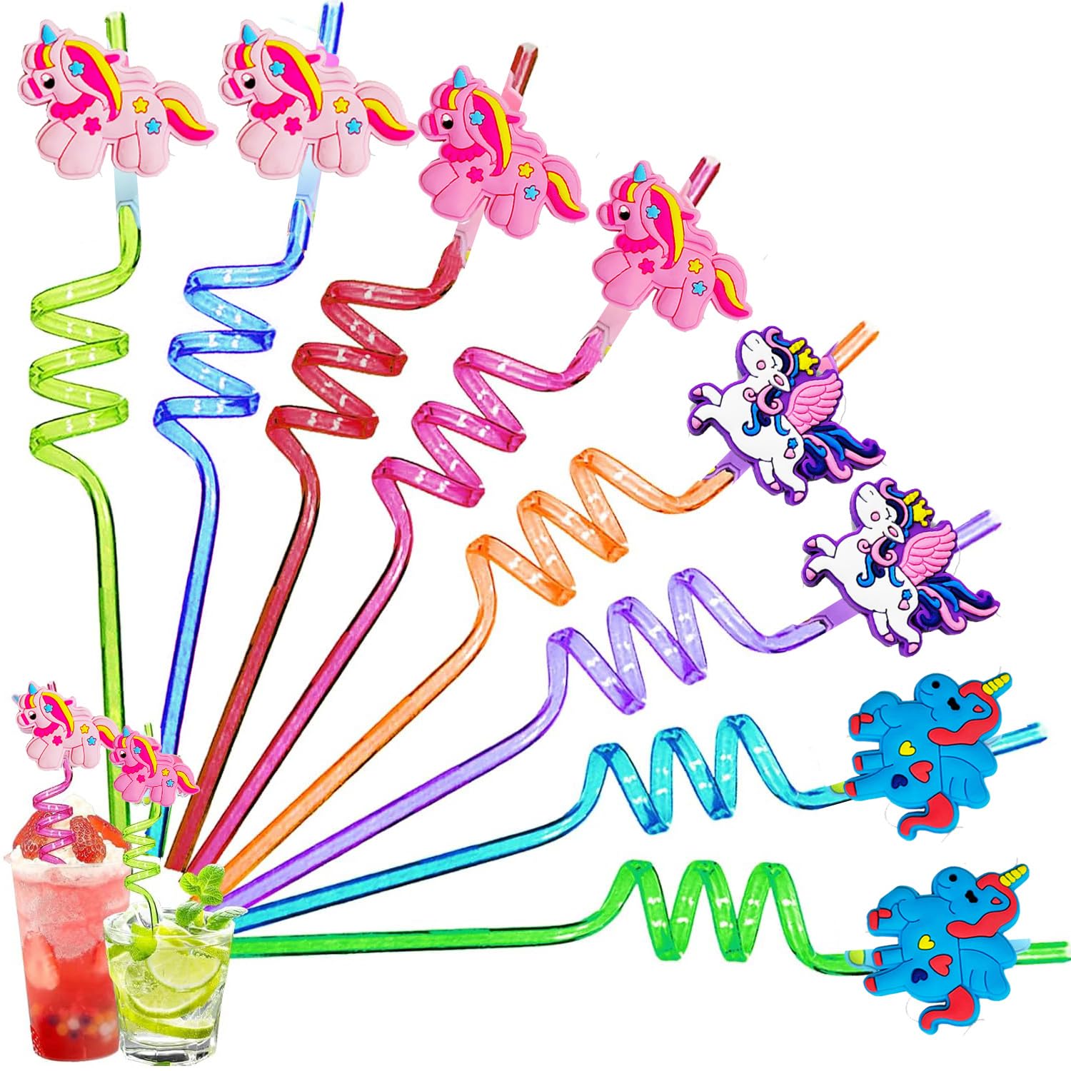 Ynaice 8 Pieces Reusable Drinking Straws Plastic Novelty Straws Fun Animals Straw Unicorn Colorful Curly Straw for Kids Adults Birthday Party Favors Party Supplies