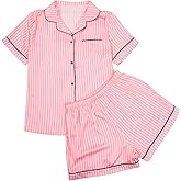 MYHALF Satin Pajamas Set for Women Button Down 2 Piece Lounge Pjs Lightweight Summer Sleepwear V Neck Short Sleeve Loungewear