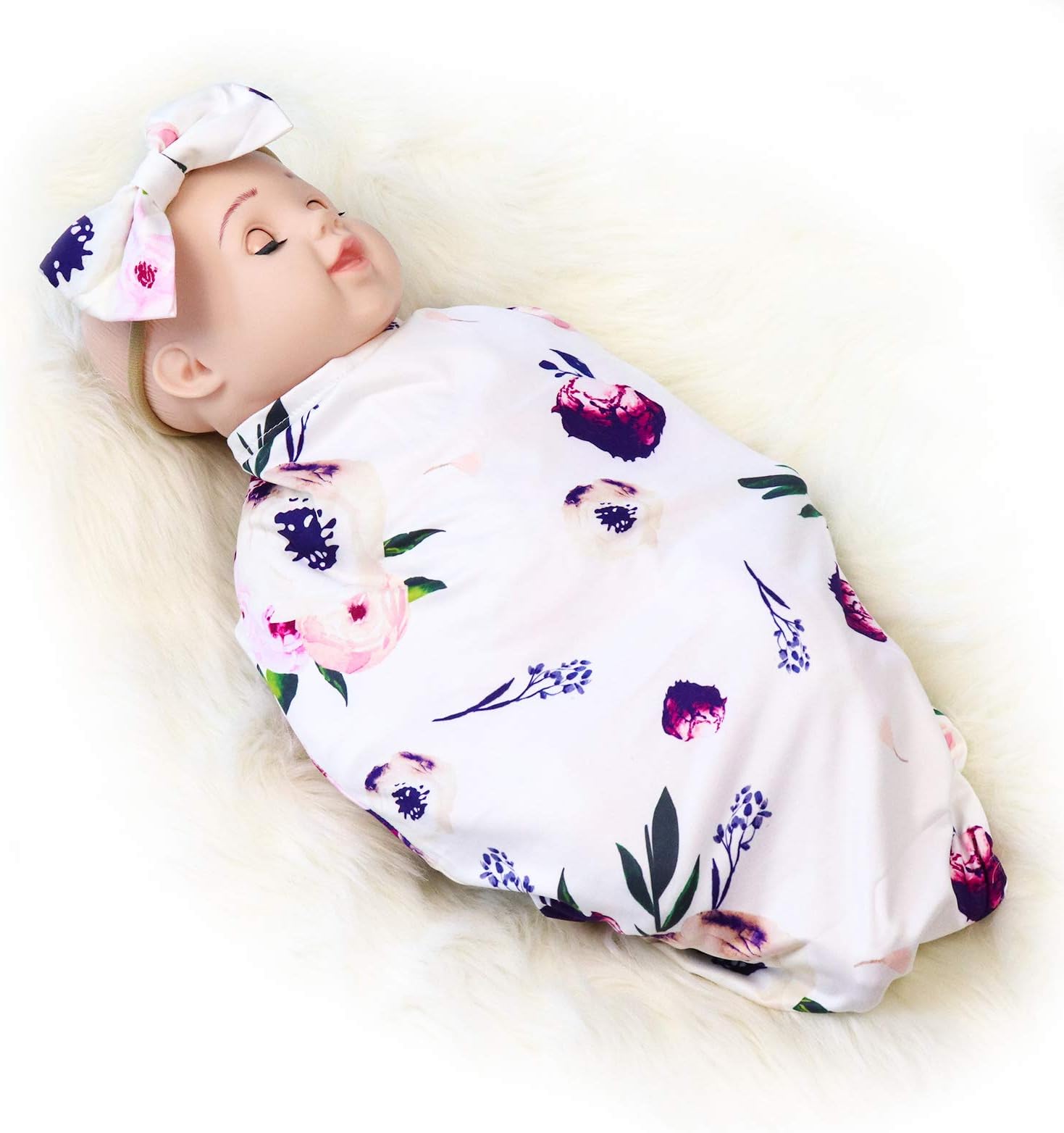 Newborn Swaddle Blanket with Headband Set Soft Stretchy Cocoon Sack for 0-3 Months Baby Boys and Girls(Purple Flower)