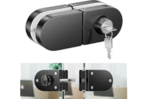 Ranbo Frameless Double-Sided Glass Door Lock,Clamp-On No-Drill,304 Stainless Steel,for 3/8"–1/2"(10-12mm) Swing Door,for Office,Storefront,3 Keys,Brushed Black—Double Swing Doors Floor Lock Required