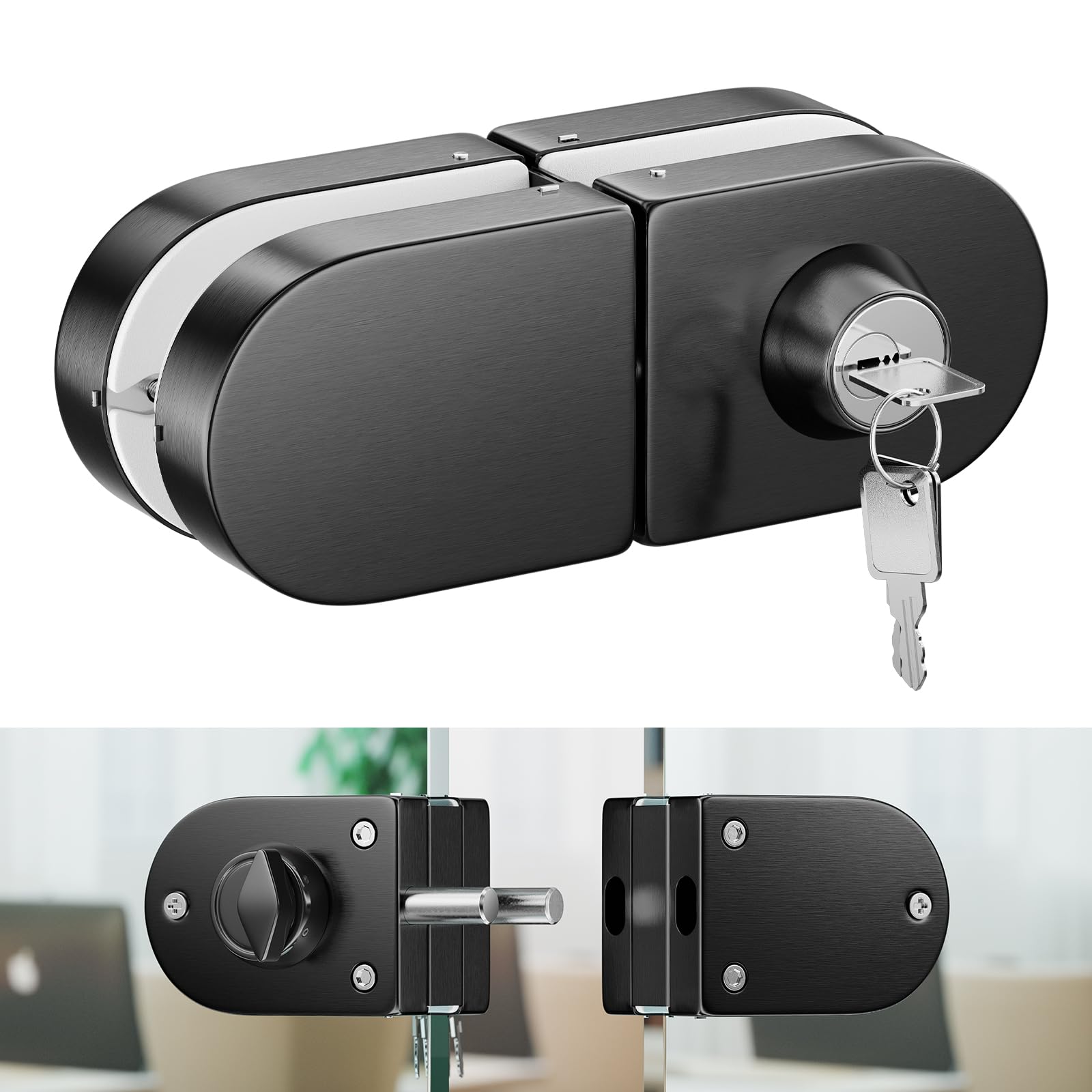 Ranbo Frameless Double-Sided Glass Door Lock, No-Drill, 304 Stainless Steel, Suitable for 3/8''-1/2''(10mm-12mm) Sliding Glass Doors, Office Doors, Commercial Doors, Includes 3 Keys, Brushed Black