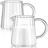 Leinuosen 2 Pcs Glass Pitcher Milk Frothing Creamer,250 Ml,Wave Style | Small Clear Pouring Cup, Espresso Spout Jug with Handle, for Coffee Latte Tea Serving, Elegant Shaped