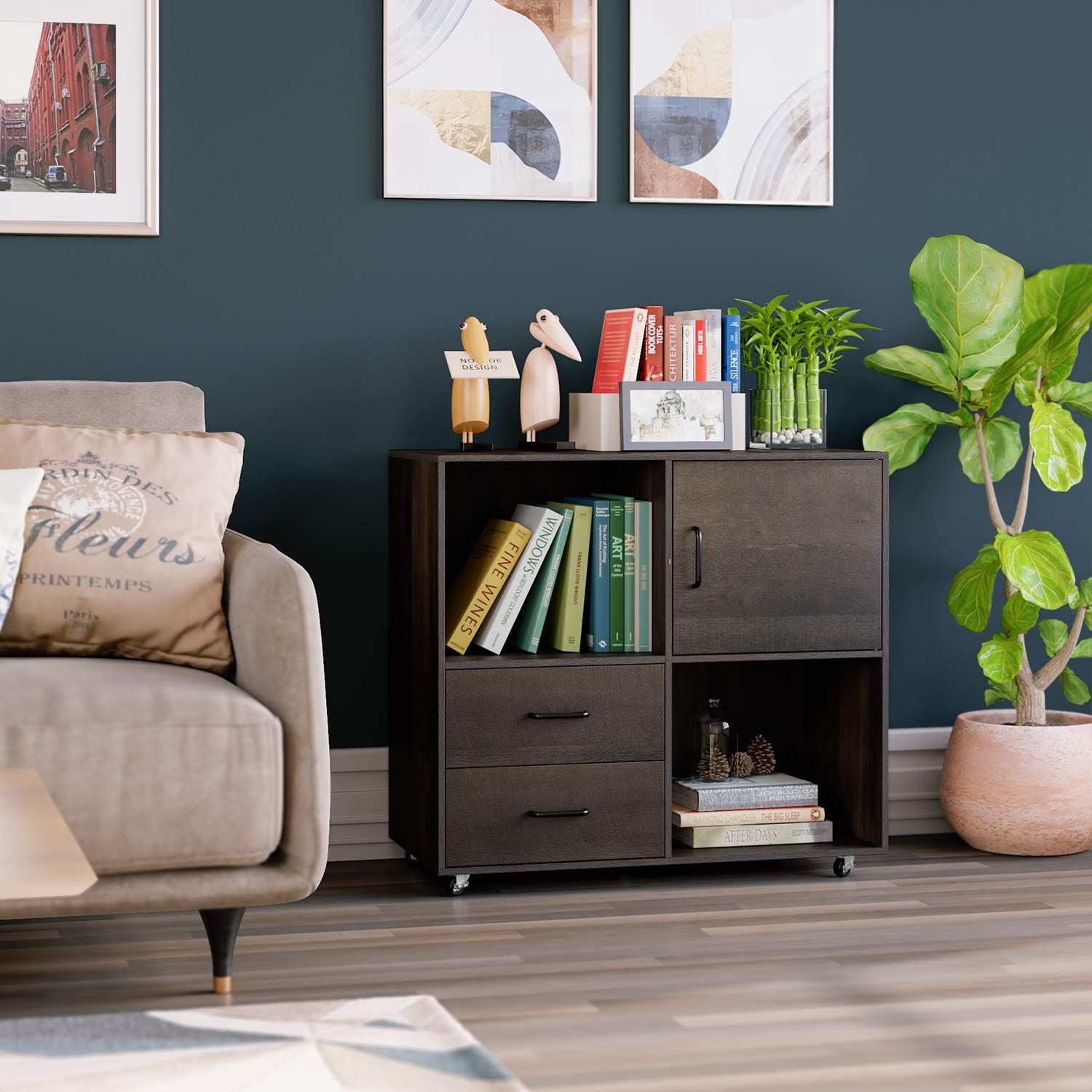 HOMECHO File Cabinet Mobile Lateral Filing Cabinet with Wheels, Large Modern Printer Stand with 2 Drawers and Open Shelves, Functional Storage Cabinet for Home Office, Dark Brown : Office Products