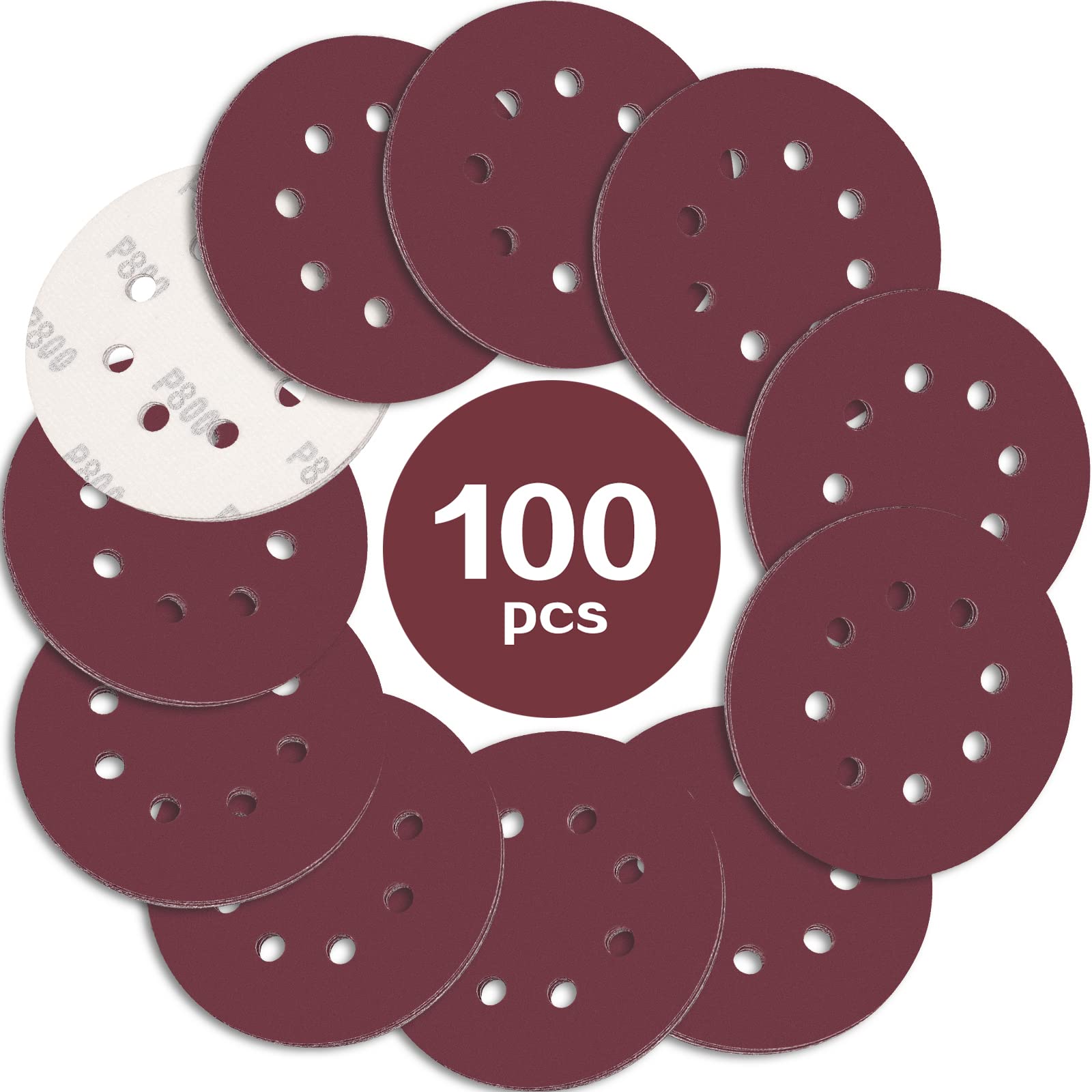 STEBRUAM 100PCS 125mm Sanding Discs 800 Grit, 5 Inch 8 Hole Hook and Loop Sanding Pads for Random Orbital Sander — image 1