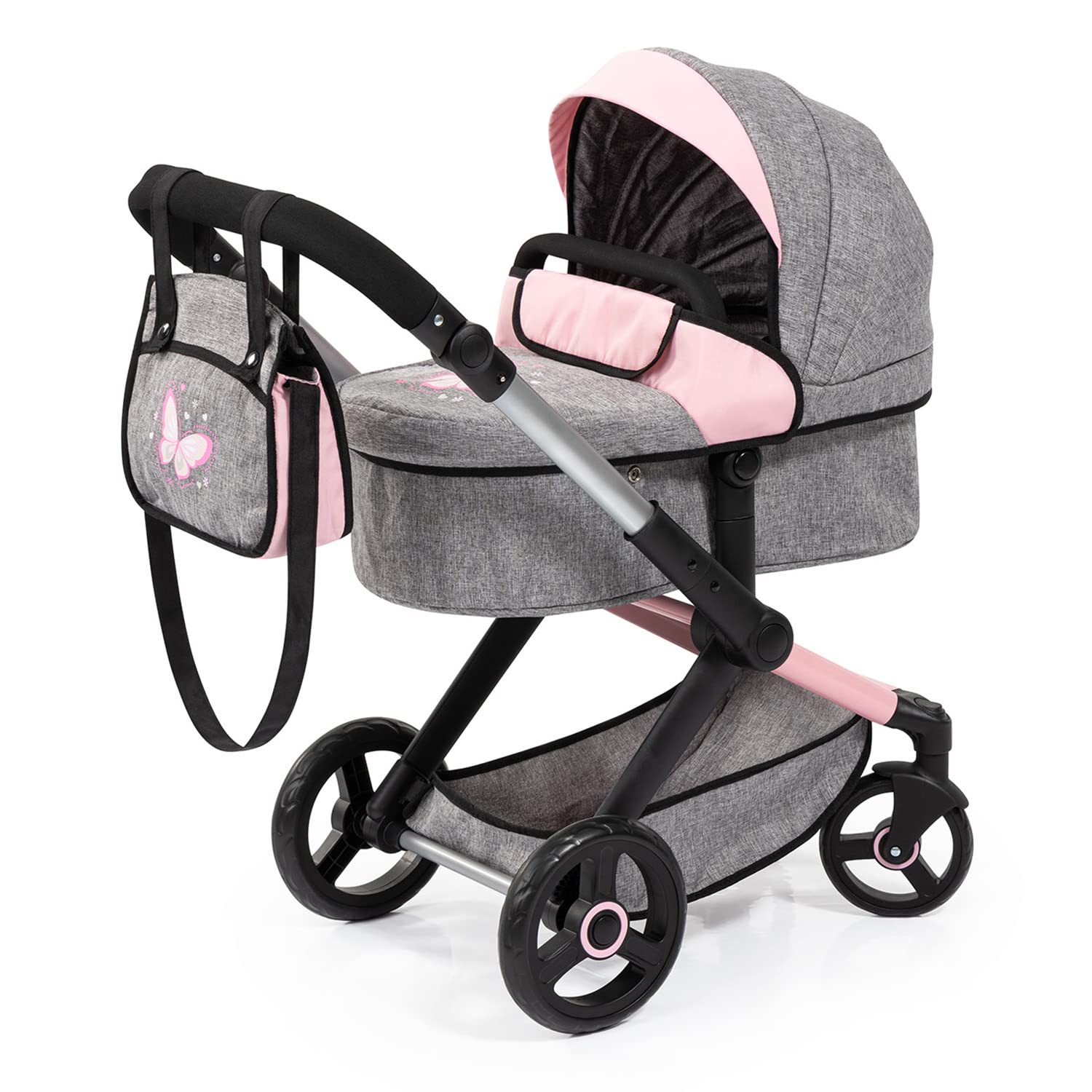 Photo 1 of Bayer: Pram Xeo: Butterfly Grey & Pink - Matching Handbag, Adjustable Handle, for Dolls Up to 20", Ages 3+ | Dress Up